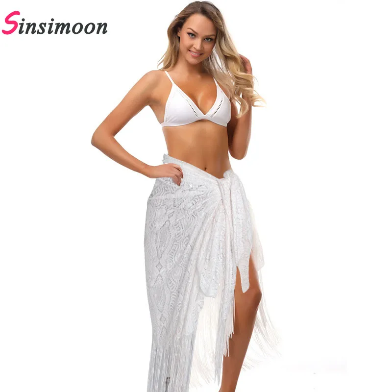 

White Fringe Women Cover Up Beach Long Dress Knitting Swimwear Mesh Beach Dress Tunic Robe Coverups Fringe Bathing Suit Swimwear