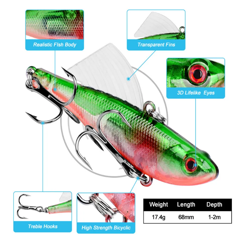 1 шт. 6,8 см 17,4 г VIB рыболовная Реалистичная приманка пластмассовая Вибрирующая жесткая приманка с тройными крючками рыболовные воблер снасти воблер Pesca