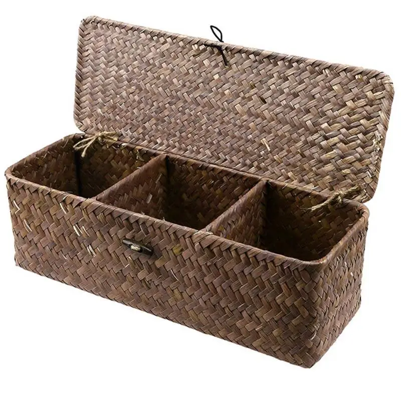 

ABFP 3 Grid Storage Baskets With Cover Vintage Jewelry Storage Case Straw Desktop Tea Set Handmade Rattan Makeup Storage Box