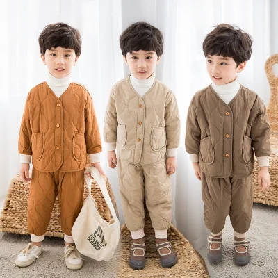 

New Girls Cotton Set Double Pocket Winter Thicken Warm Boys Children's Home Clothes Set
