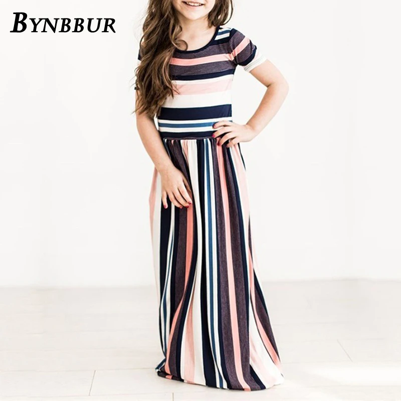 Bynbbur Striped Long Dress Girls With Pockets Party Dress O Neck Soft Cute Baby Kid Girl Maxi Dress 2019 Summer New