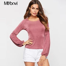 Розовые женские футболки с круглым вырезом, повседневные Элегантные минималистичные вязаные однотонные пуловеры с пышными рукавами, облегающие футболки, осенняя Женская Офисная футболка