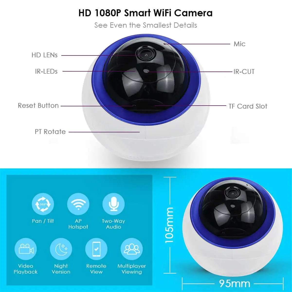 1080P 2mp беспроводная камера беспроводная ip-камера космический шар дизайнерский каркас функция ночного видения 355 вращение 90 вращение