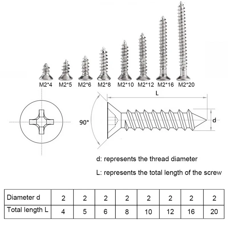 800 шт. M2 саморезы из углеродистой стали 4 мм 6 мм 8 мм 10 мм 12 мм 16 мм 20 мм Винт крепеж комплект для деревообработки с коробкой для хранения