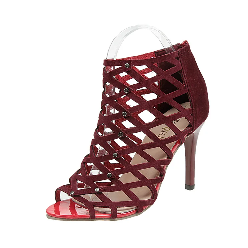 Винно-красные женские модные туфли на высоком каблуке с открытым носком римские сандалии-гладиаторы с заклепками г. Женская обувь на высоком каблуке - Цвет: Бордовый