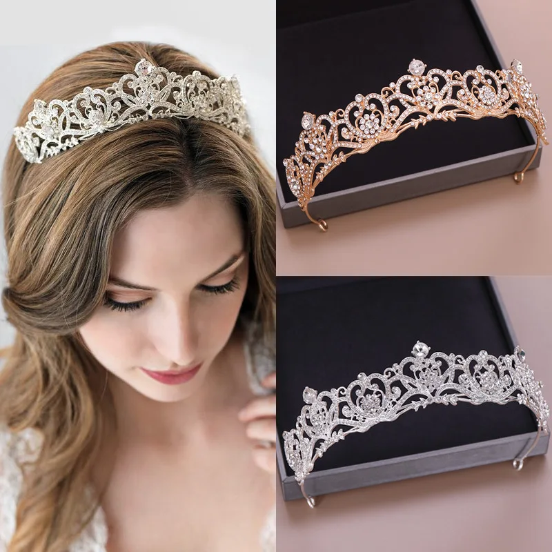 Wedding bride headdress European and American luxury crystal crown hair accessories european vintage sparkling diamond bride round crown church wedding princess tiara exquisite crown dress accessories