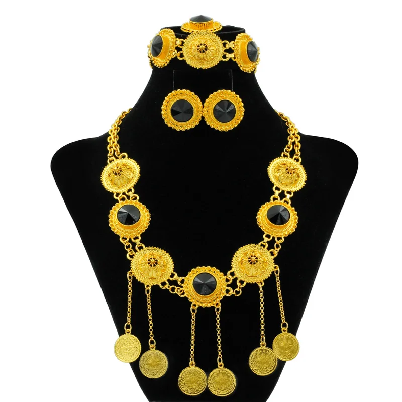 

Fashion Luxury Gold Jewelry Sets Black Crystal Necklace Earrings Women Fashion Jewelry Wedding Party Accessories