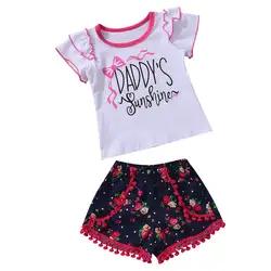 Новые для маленьких девочек комплект из двух предметов Лето 2017 г. малышей Обувь для девочек футболка с надписью Топы корректирующие