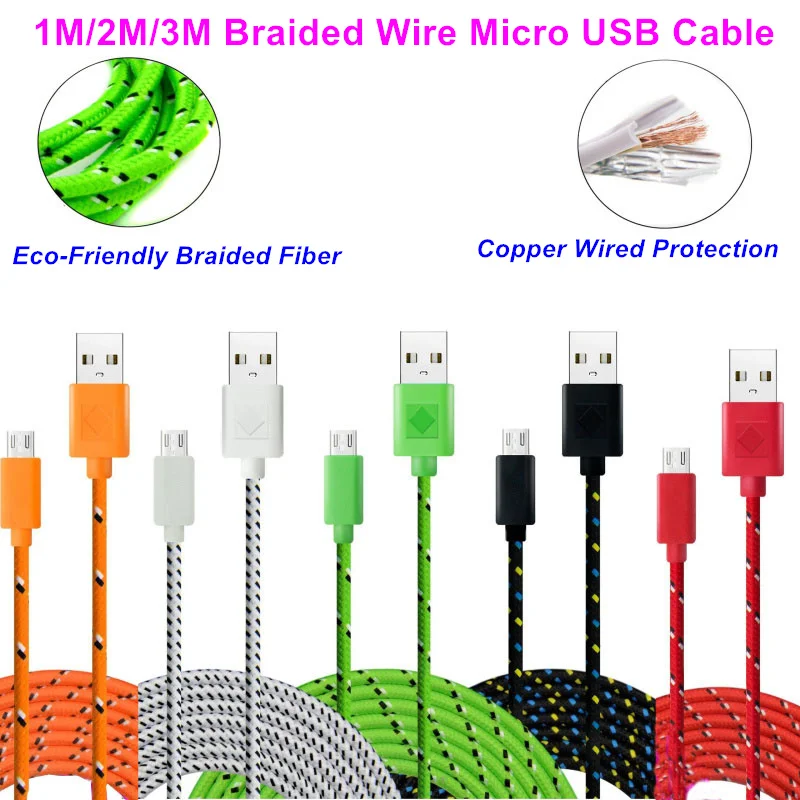 1M/2M/3M Braided Wire Micro USB Cable 3ft Sync Nylon Woven Charger Cords For Samsung Galaxy S3 S4 S6 for Blackberry for SONY