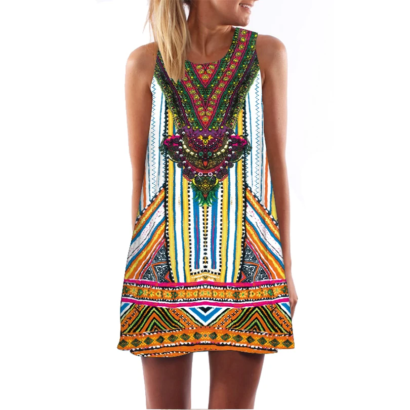 vintage tribal print hollow out sleeveless casual dress