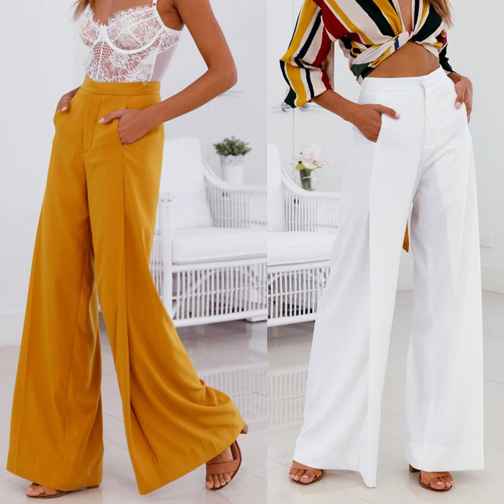 Nuevo 2019 de las mujeres de moda Pantalones de pierna ancha de alta Oficina pantalones largos para mujer elegante OL amarillo blanco Pantalon Mujer|Pantalones y pantalones capri| -