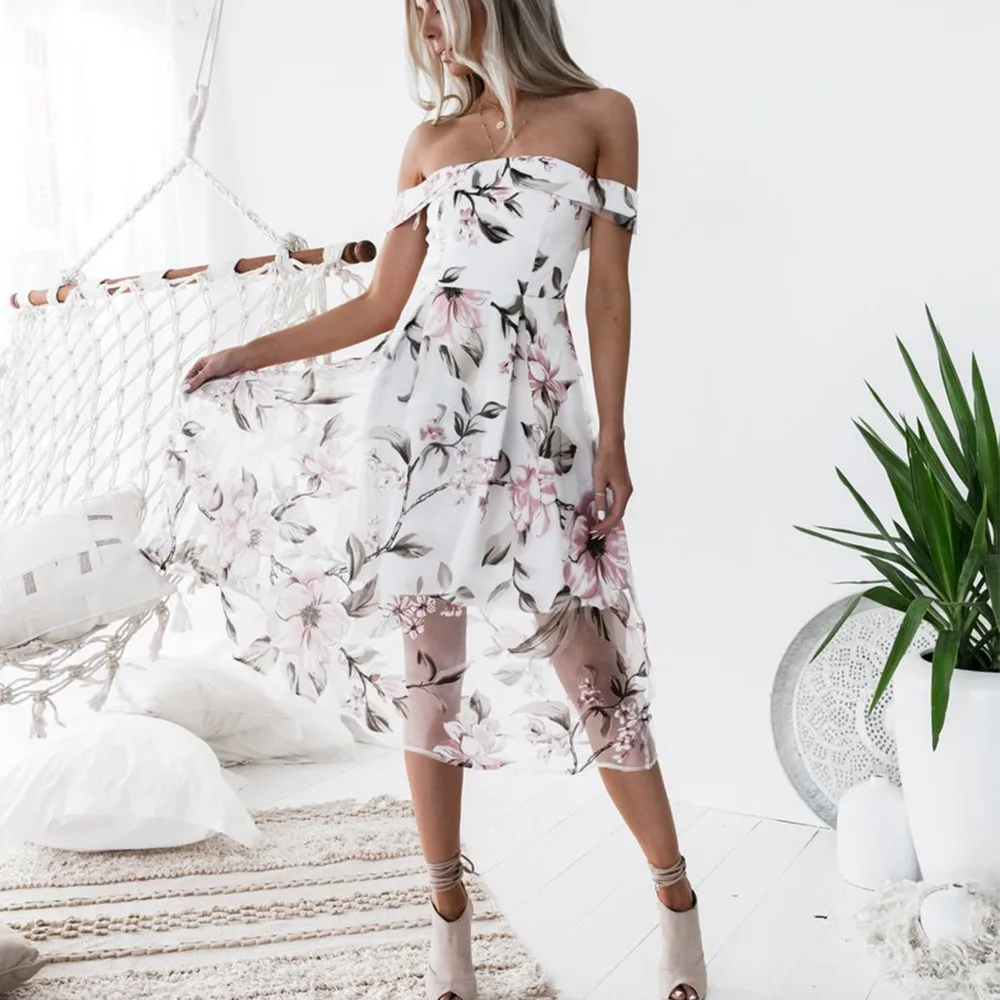 

Boho Floral Print Summer Dress Women off the shoulder robe femme party dress Lady Sunflower Pleated Backless Sexy Dress vestidos