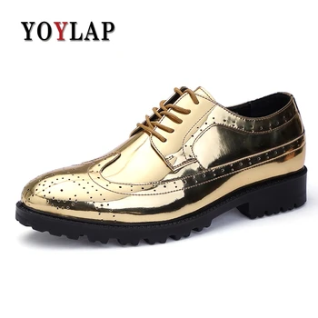 

YOYLAP Golden Patent Full Brogue Shoes Men Dress Oxfords Shoes Carved PU Leather Shoes Lace Up Platform Bullock Business Men