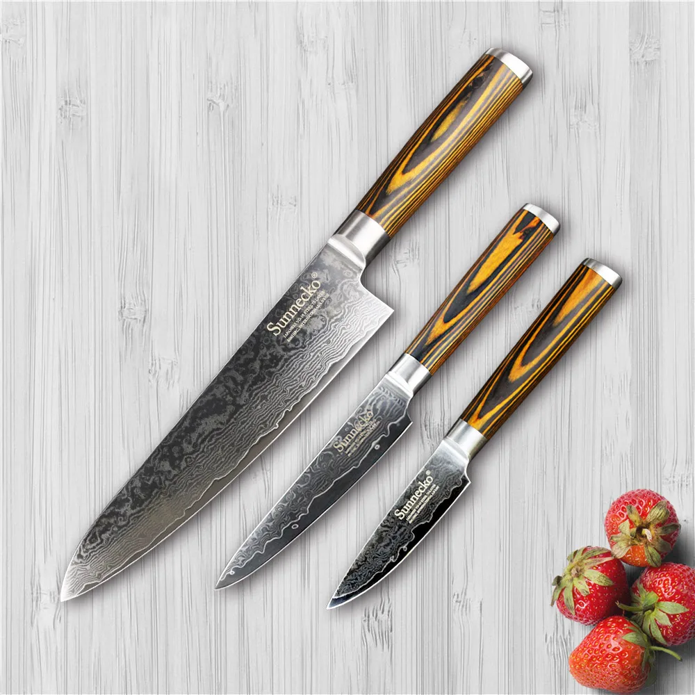 

Sunnecko 3PCS Kitchen Knife Set Utility Fruit Paring Chef Knife Damascus Steel Sharp Blade with 59-60HRC Strong Hardness Knife