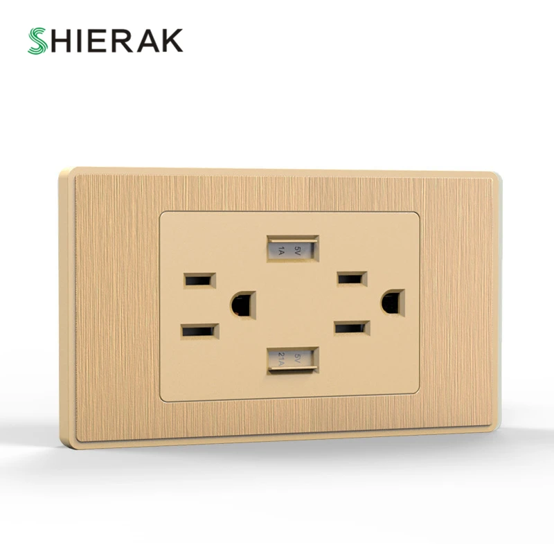 

SHIERAK US Plug USB Socket With Dual USB Ports 5V 2.1A For Phone 118 Type Brushed Panel Wall Socket US Standard Power Socket
