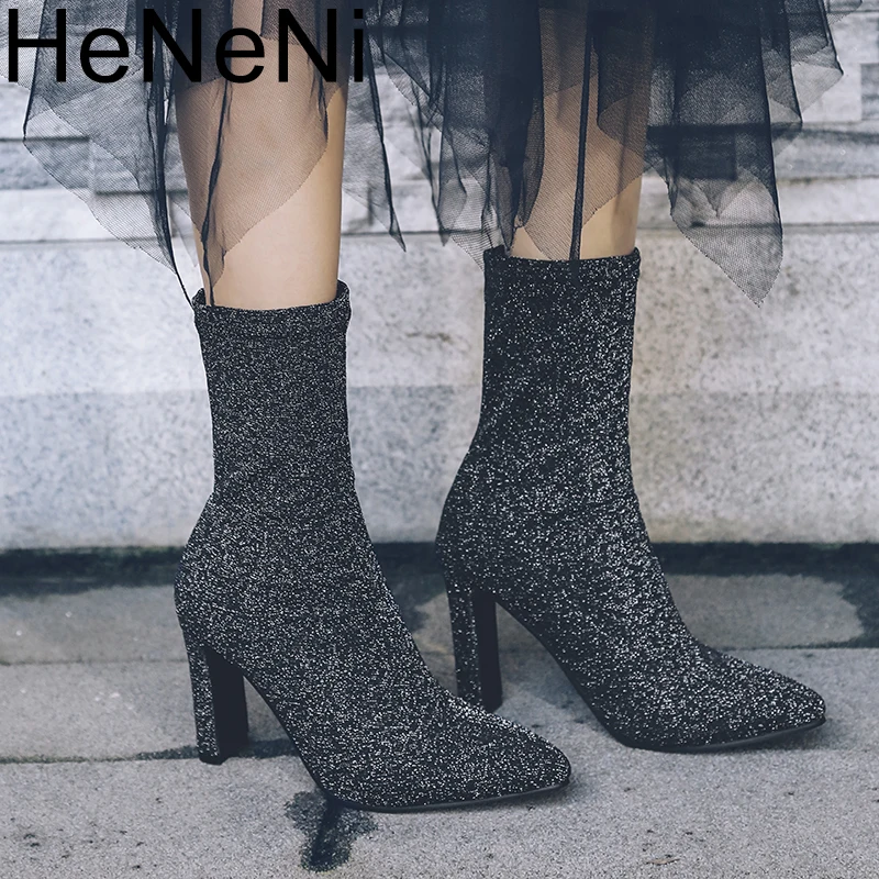 

Spring Women's Boots Pointed Toe Yarn Stretch Fabric Ankle Boots Thick Heel High Heels Shoes Woman Female Socks Boots 32-43
