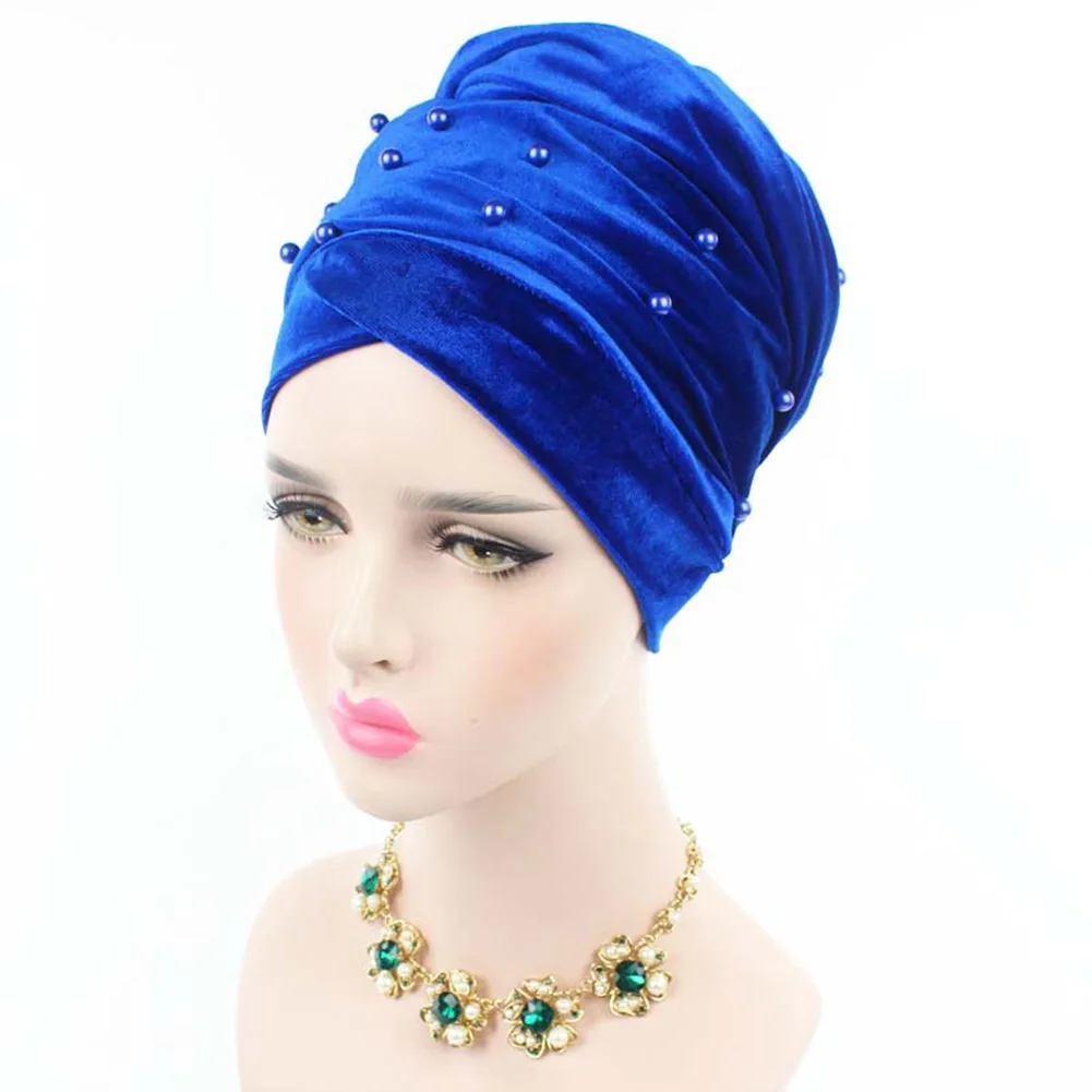 Женские Роскошные Жемчужные бархатные длинные банданы, выпадение волос, головной убор, шапка, мусульманский тюрбан, индийский длинный шарф-снуд на голову, хиджаб - Цвет: royal blue