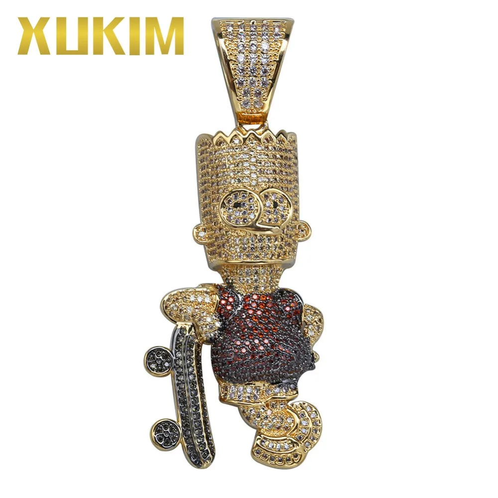 

Xukim Jewelry Simpson with Skateboard Pendant Hip Hop Full Iced Out AAA Cubic Zirconia Cartoon Pendant Gold Color Jewelry Gifts