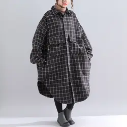 Женская одежда плюс размеры ретро Длинные шерстяное пальто с рисунком в клетку Нерегулярные куртка зимняя верхняя средства ухода за кожей