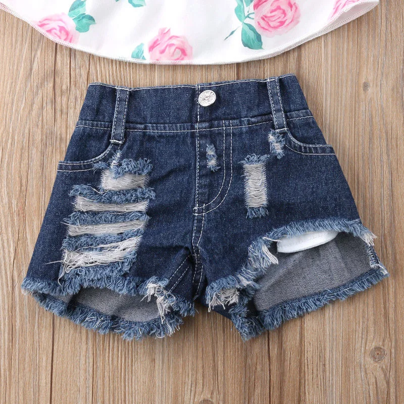 Детская одежда для маленьких девочек, комплект из 2 предметов футболка с короткими рукавами и цветочным принтом топы+ джинсовые шорты набор одежды