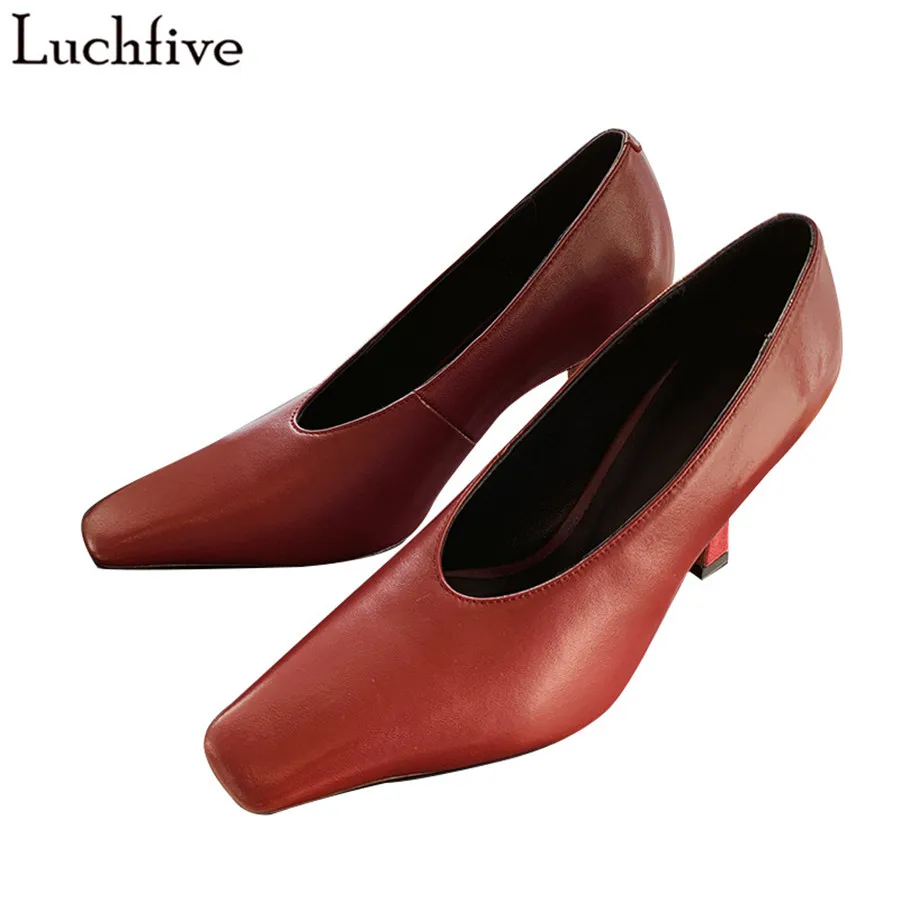 

Luchfive Shallow Genuine Leather Pumps Women Square Toe High Heels Sexy Wine Red Spring Summer Shoes Women Zapatos Mujer 2019
