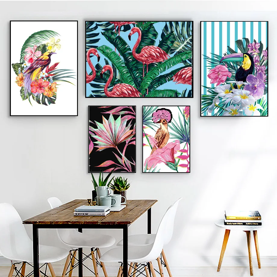 Watercolor Toucan Cuckoo Parrot Flamingo Flower