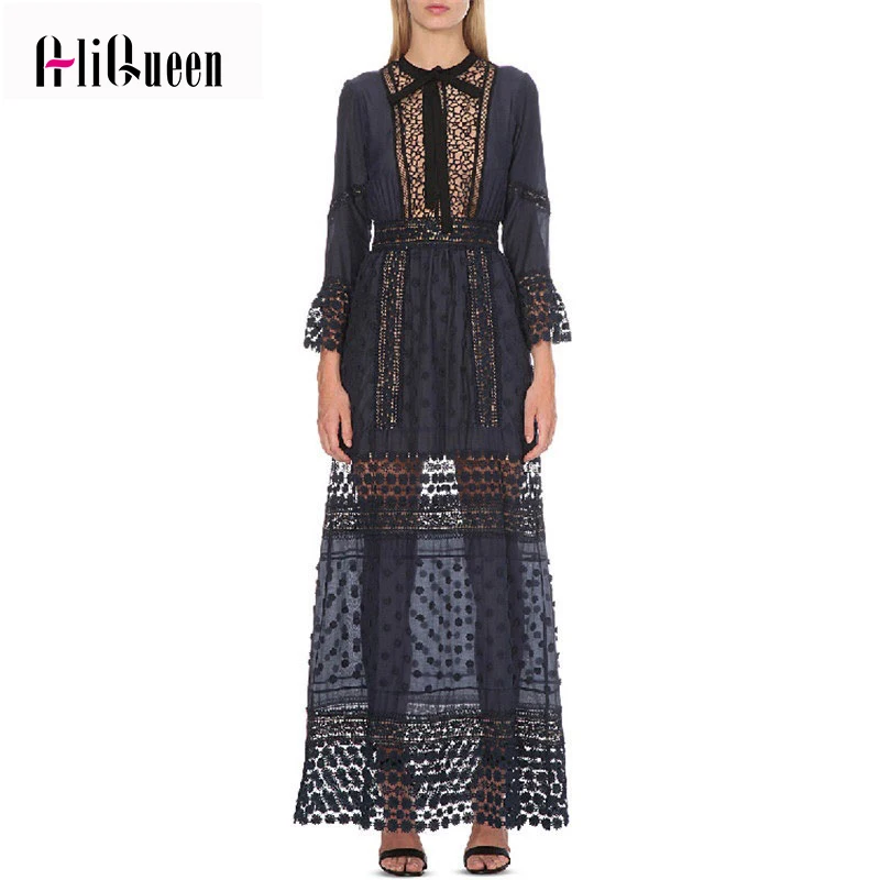 

Runway Self Portrait 2019 Spring Autumn Daisies Hook Flowers Sexy Hollow Patchwork Flare Long Sleeve Long Maxi Dresses Vintage