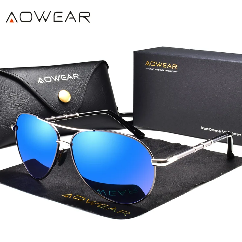 AOWEAR, фирменный дизайн, поляризационные солнцезащитные очки для мужчин, авиационные зеркальные солнцезащитные очки, мужские очки для вождения, синие очки Oculos gafas