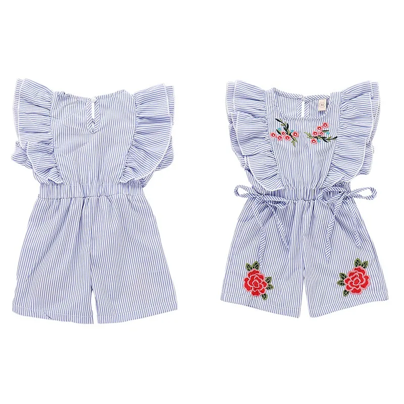 

Summer Baby Kids Girls Clothes Rose Embroidered Blue Striped Overalls Jumpsuits Children Sleeveless Clothing