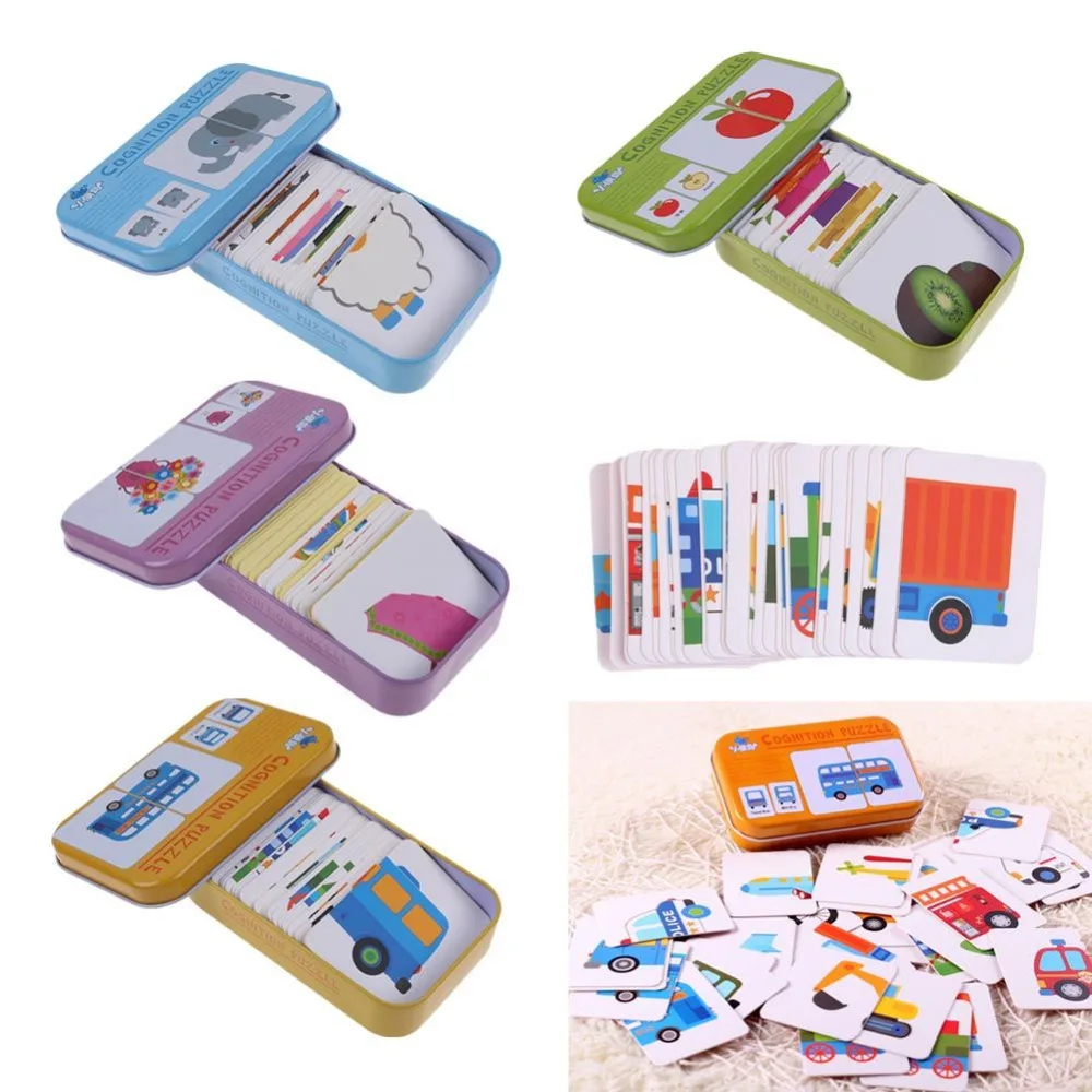 

Toys Montessori English Shape Learning Card Early Education Pairing Puzzle Children's Game Toys Children's Gift Iron Box Kpop