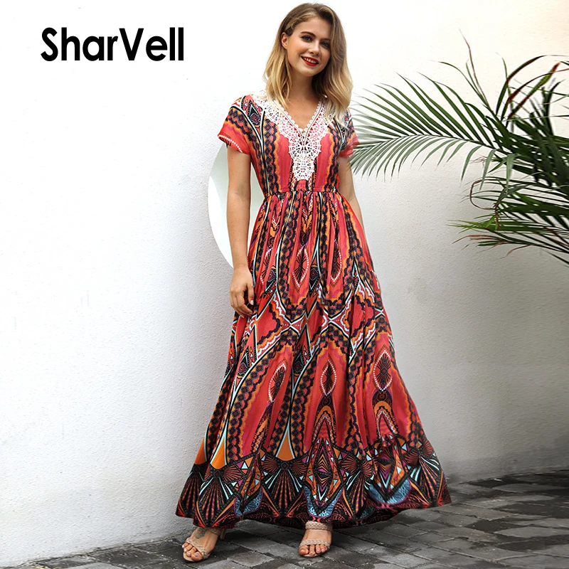 SharVell Women Boho Print Sarafan Dress Summer Lace Hollow V Neck Ankle-Length Long Maxi High Waist A-Line Beach Dresses | Женская