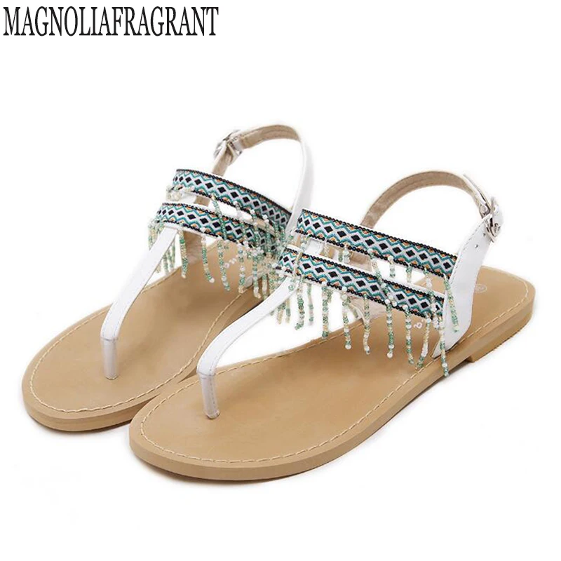 beaded flat sandals ankle strap