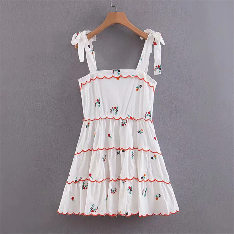 

Women sweet white embroidery mini dress ruffles sleeveless spaghetti straps female A line chic dresses vestidos