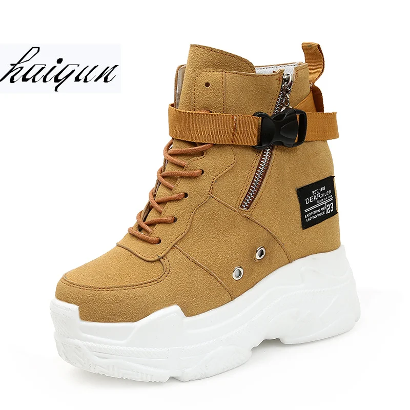 

Autumn winter Women Ankle Boots Platforms Shoes Woman 11CM High Heels Inside Height Increasing Faux Suede Boots Sneakers 34-39