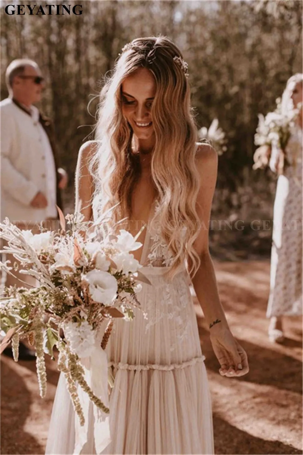 Vestidos Novia винтажные кружевные аппликации свадебное платье цвета шампань Boho пляжные свадебные платья сексуальные глубокий v-образный вырез с открытой спиной Robe de Mariee