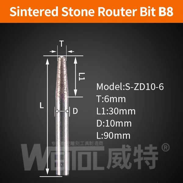 Weitol 6 мм/8 мм хвостовик Камень Гравировка Биты спеченные Инструменты для резьбы по камню алмазные фрезы ЧПУ фрезы - Длина режущей кромки: B8