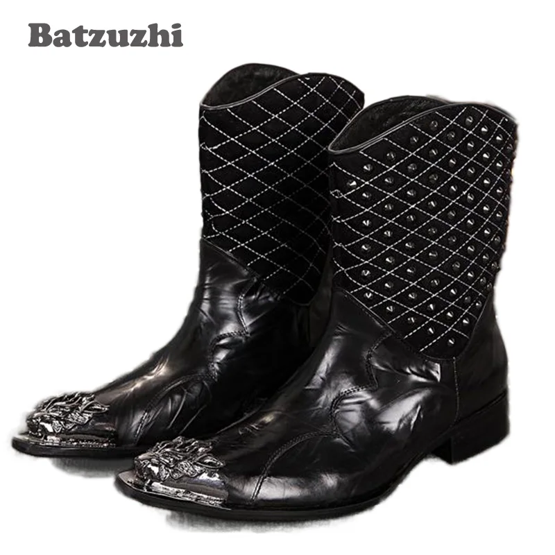 

Batzuzhi Fashion Personalized Mens Red Leather Boots Pointed Iron Toe Rivet Mid Calf Motocycle Boot For Man EU38-46