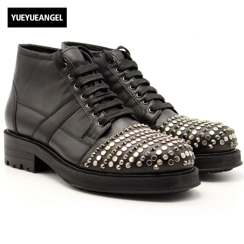 Beading Punk Mens High Top Med Heels Shoes Rivet Toes Lace Up Motorcycle Ankle Boots Man Lace Up Real Cow Leather Platform Boots Beading Punk Mens High Top Med Heels Shoes Rivet Toes Lace Up Motorcycle Ankle Boots Man Lace Up Real Cow Leather Platform Boots