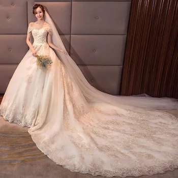 

Robe De Mariee 2020 New Off The Shoulder Bride Dresses Royal Train Ball Gown Appliques Princess Wedding Dress Vestido de Noiva