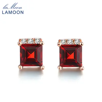 

LAMOON 925 Sterling Silver Fine Jewelry Stud Earrings for Women 4mm Square Natural Red Garnet Gemstone Earring Bijoux EI047