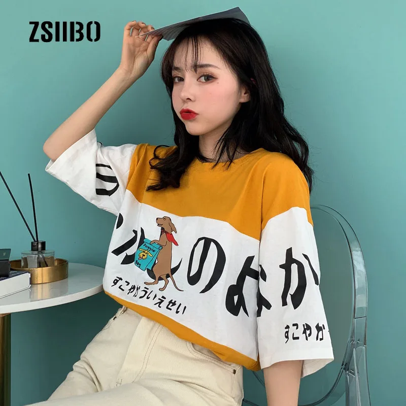 

Harajuku Ulzzang summer cute Japanese cartoon tops new female Half sleeve Korea large size loose casual funny Cotton T-shirt