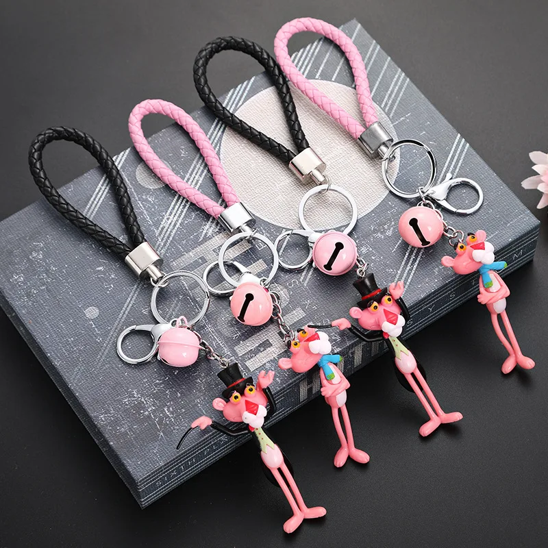 

2019 Hot Cartoon Cute Animal Anime Pink Panther Keychain Cute Key Rings Bells Key Chains Women Car Bag Charms Pendant