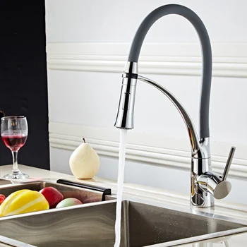 

Gray Kitchen Faucets with Rubber Design Chrome Mixer Faucet for Kitchen Single Handle Pull Down Deck Mounted Crane for Sinks