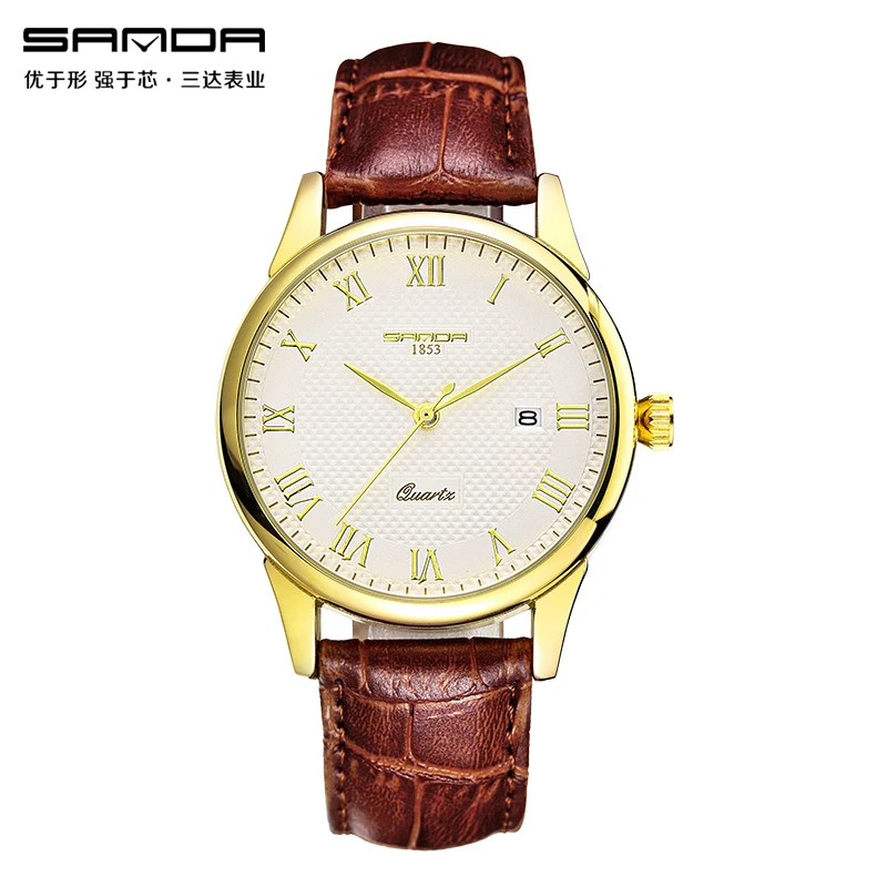 

SANDA Luxury Famous Brand Golden Silver Watch Men Vogue Leather Quartz Casual Men's Wrist Watches Roman Auto Date Clock Hours