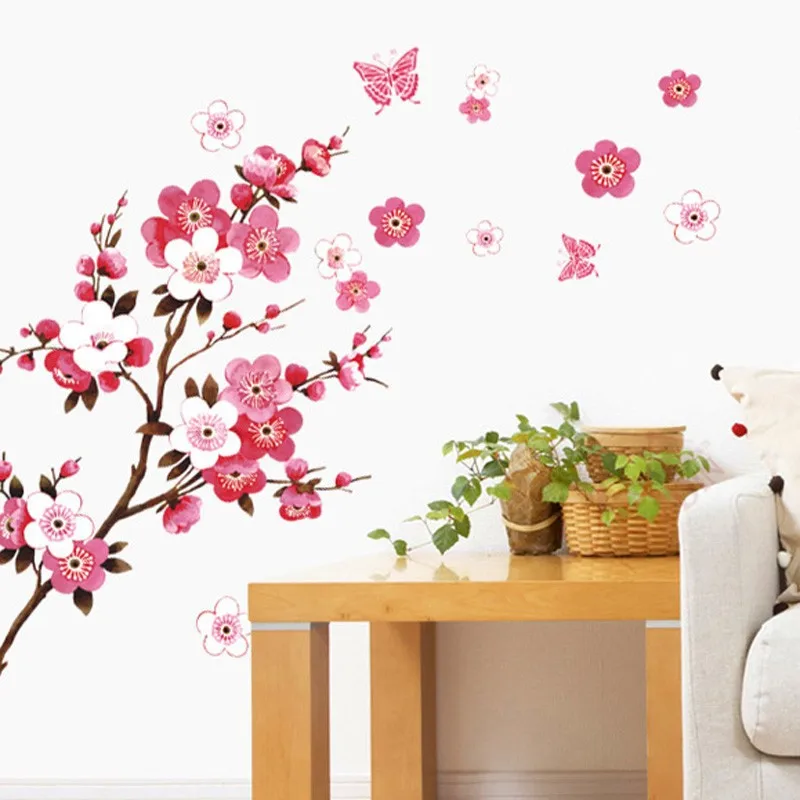 Новинка, красивые наклейки на стену с изображением вишни, цветков персика, цветов, бабочек, дерева, художественная наклейка, домашний декор, легко чистится, ПВХ, 46 см* 65 см