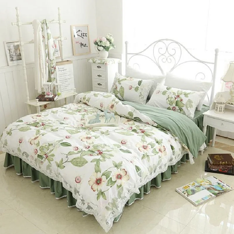 

100% cotton Korean Princess style lace 3/4pcs bedding sets/duvet cover bed skirt pillowcase set girl kidsbedsheet