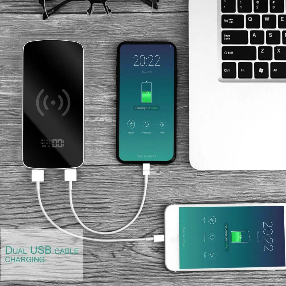 Qi Беспроводное зарядное устройство 2 USB Power Bank 30000mAh Портативное быстрое для iPhone 8 X