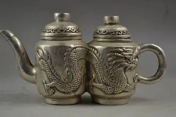 

Antique Handwork Miao Silver Carving Lifelike Pair Dragon Rare Noble TeaPot