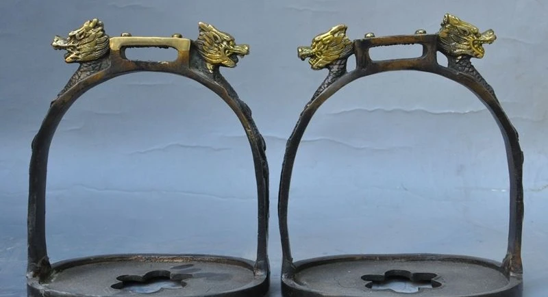 

6"marked old chinese fengshui bronze gilt dragon beast head statue horse Stirrup