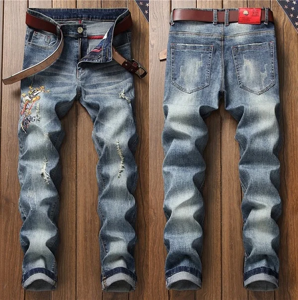 Модные мужские джинсы на молнии с вышитыми цветами и птицами, высокое качество, узкие джинсовые брюки-карандаш, Брендовые прямые брюки большого размера 29-38 - Цвет: 8606